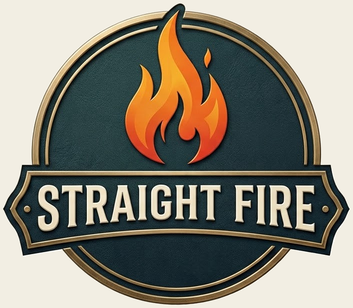 The Straight Fire badge: a dark teal disc with a gold rim, a flame, and a banner reading Straight Fire